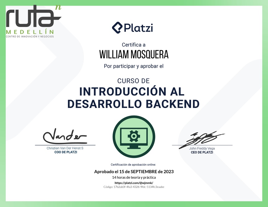 Diploma del Curso de Introducción al Desarrollo Backend