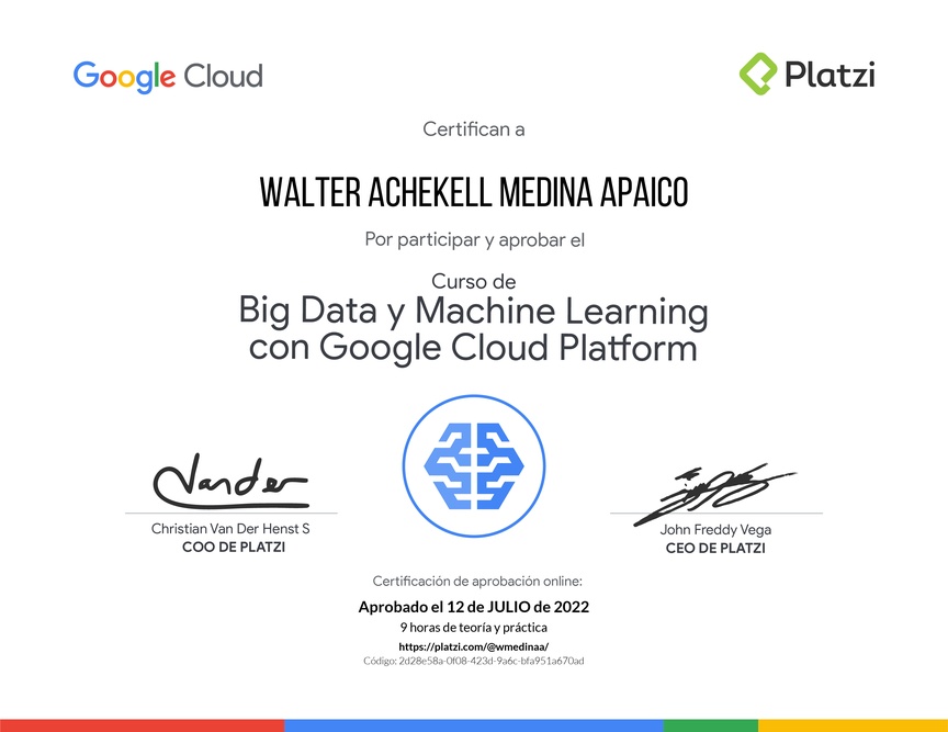 Diploma del Curso de Big Data y Machine Learning con Google Cloud Platform