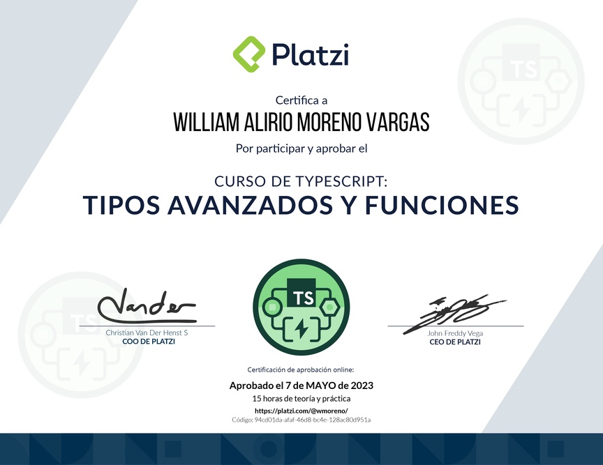 Diploma del Curso de TypeScript: Tipos Avanzados y Funciones