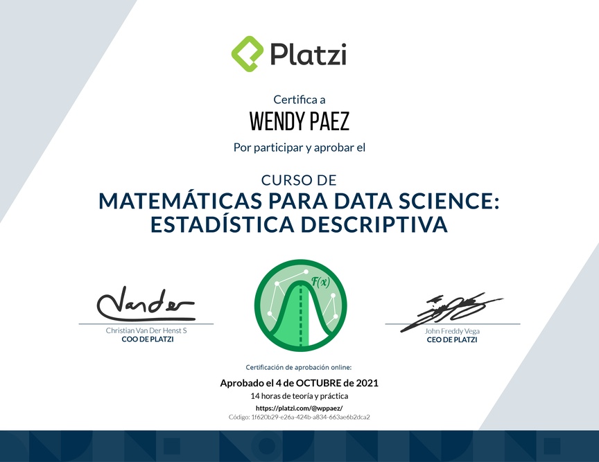 Diploma del Curso de Matemáticas para Data Science: Estadística Descriptiva