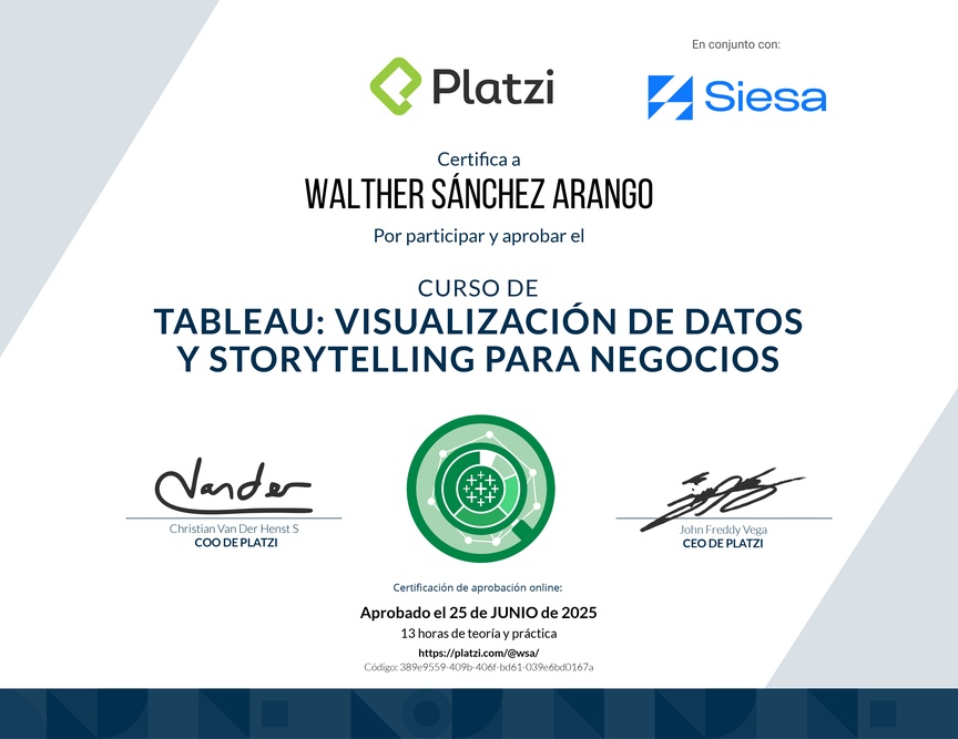 Diploma del Curso de Tableau: Visualización de Datos y Storytelling para Negocios