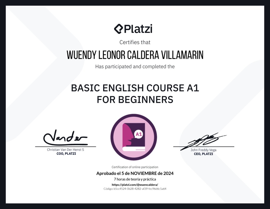 Diploma del Curso de Inglés Básico A1 para Principiantes