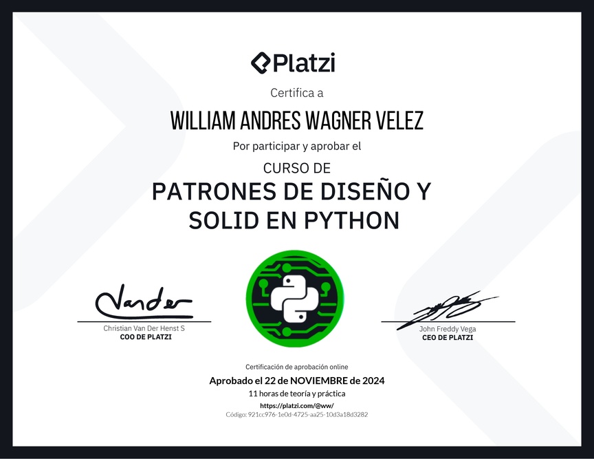 Diploma del Curso de Patrones de Diseño y SOLID en Python