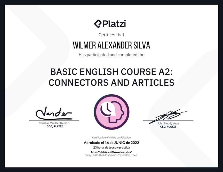 Diploma del Curso de Inglés Básico A2: Conectores y Artículos