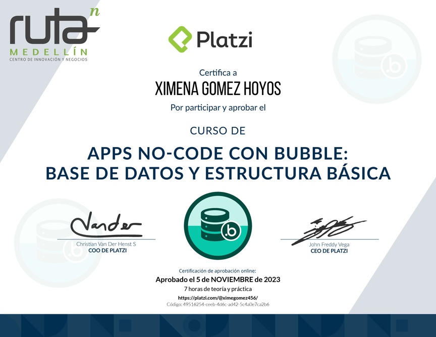 Diploma del Curso de Apps No-code con Bubble: Base de Datos y Estructura Básica