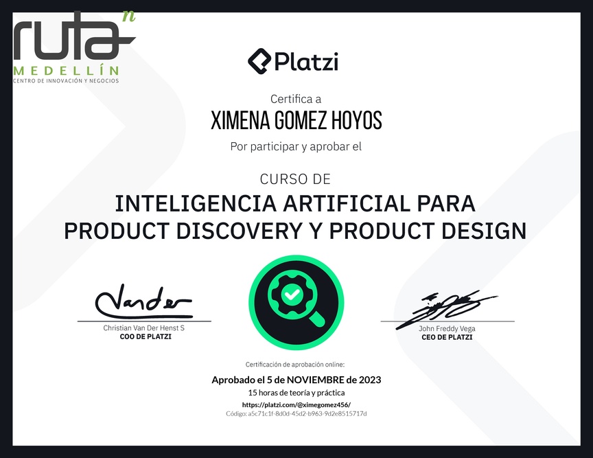 Diploma del Curso de Inteligencia Artificial para Product Discovery y Product Design: Herramientas y Técnicas