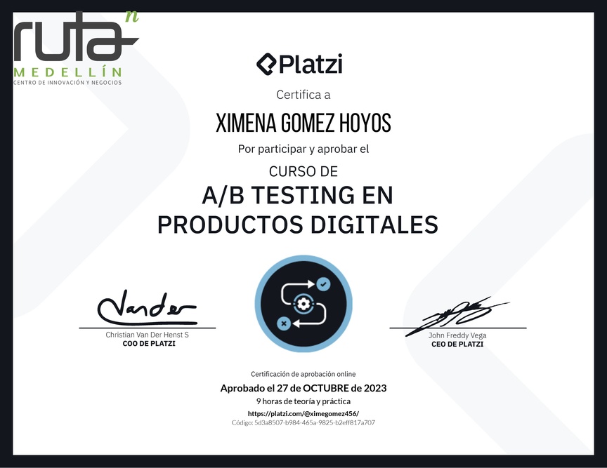 Diploma del Curso de A/B Testing en Productos Digitales