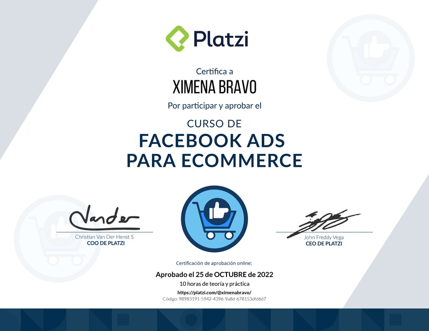Diploma del Curso de Facebook Ads para comercios electrónicos.