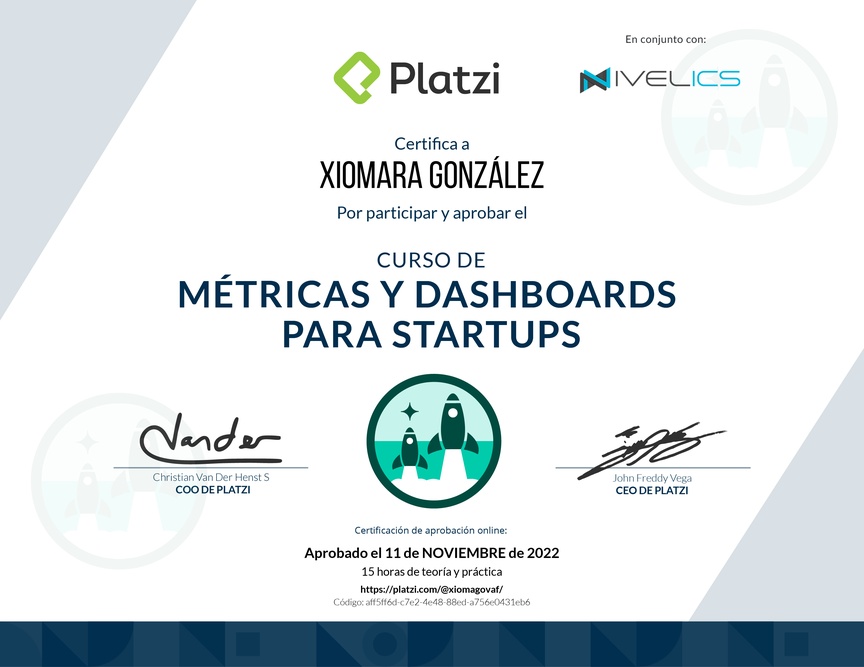 Diploma del Curso de Métricas y Dashboards para Startups