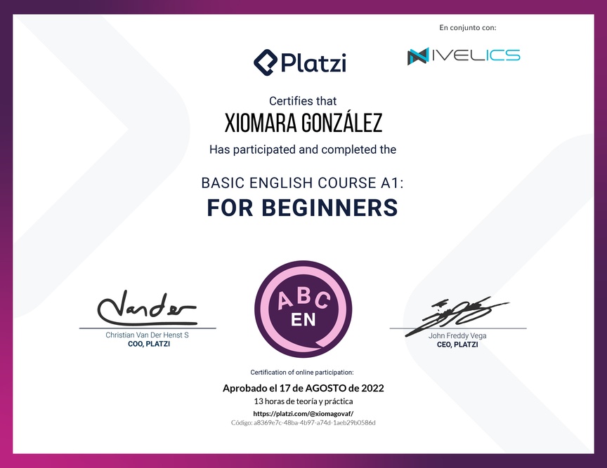 Diploma del Curso de Inglés Básico para Principiantes - (2022)