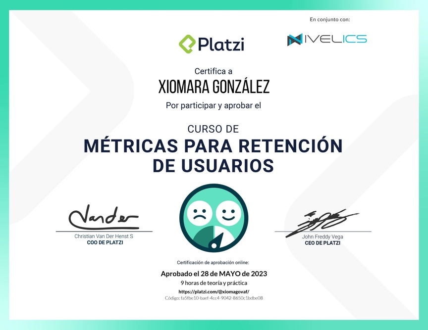Diploma del Curso de Fundamentos de Métricas para Retención de Usuarios