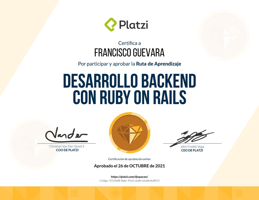 Diploma de la Ruta de Aprendizaje de Desarrollo Web Backend con Ruby on Rails