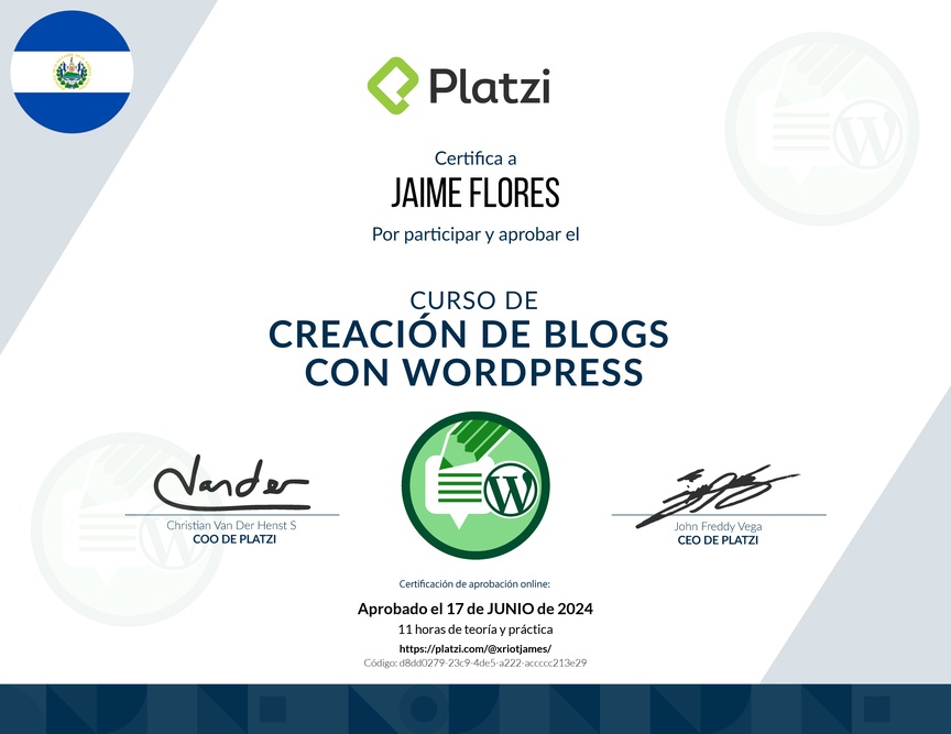 Diploma del Curso de Creación de Blogs con WordPress
