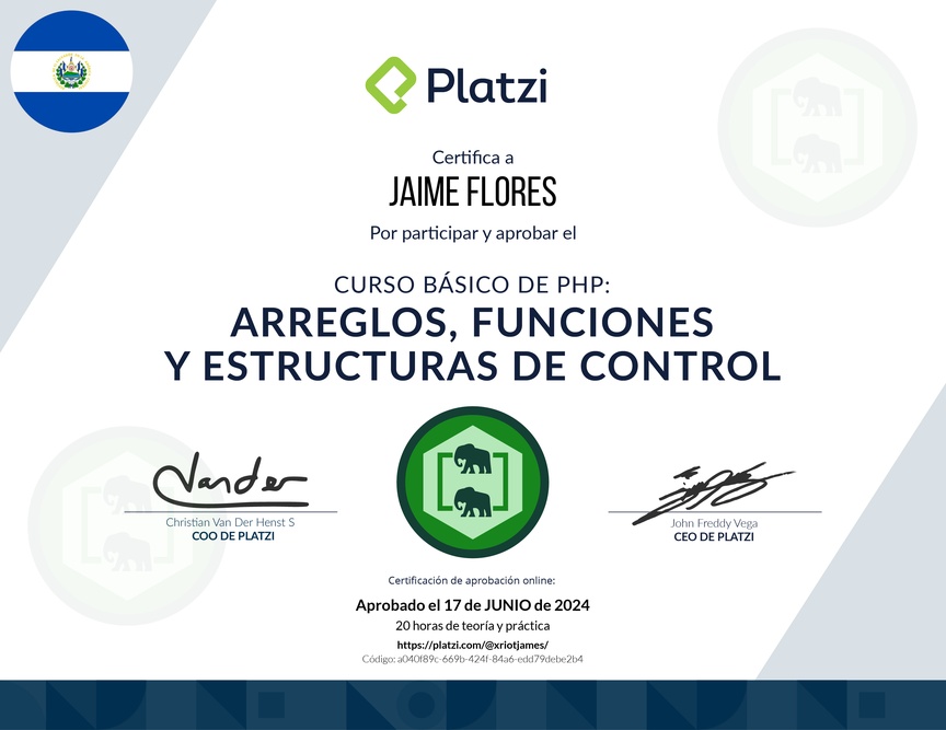 Diploma del Curso de PHP: Arreglos, Funciones y Estructuras de Control