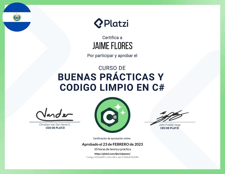Diploma del Curso de Buenas Prácticas y Código Limpio en C#