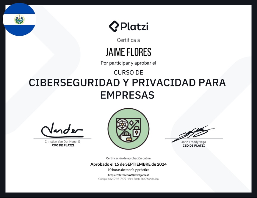 Diploma del Curso de Ciberseguridad y Privacidad Empresarial (2023)