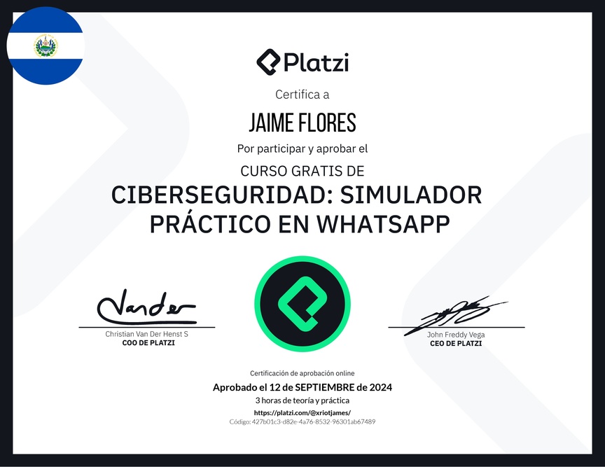 Diploma del Curso Gratis de Ciberseguridad: Simulador Práctico en WhatsApp