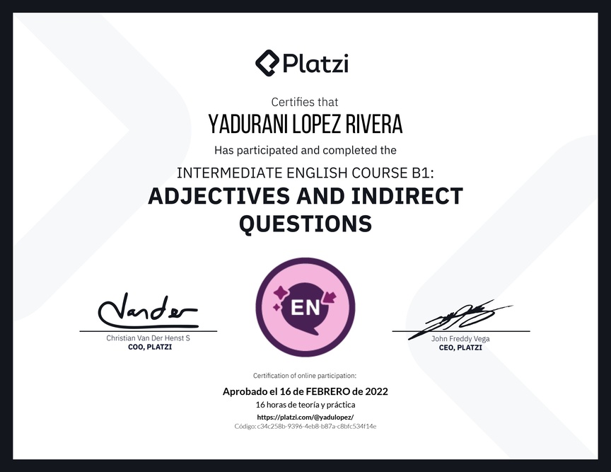 Diploma del Curso de Inglés Intermedio: Adjetivos y Preguntas Indirectas (2021)