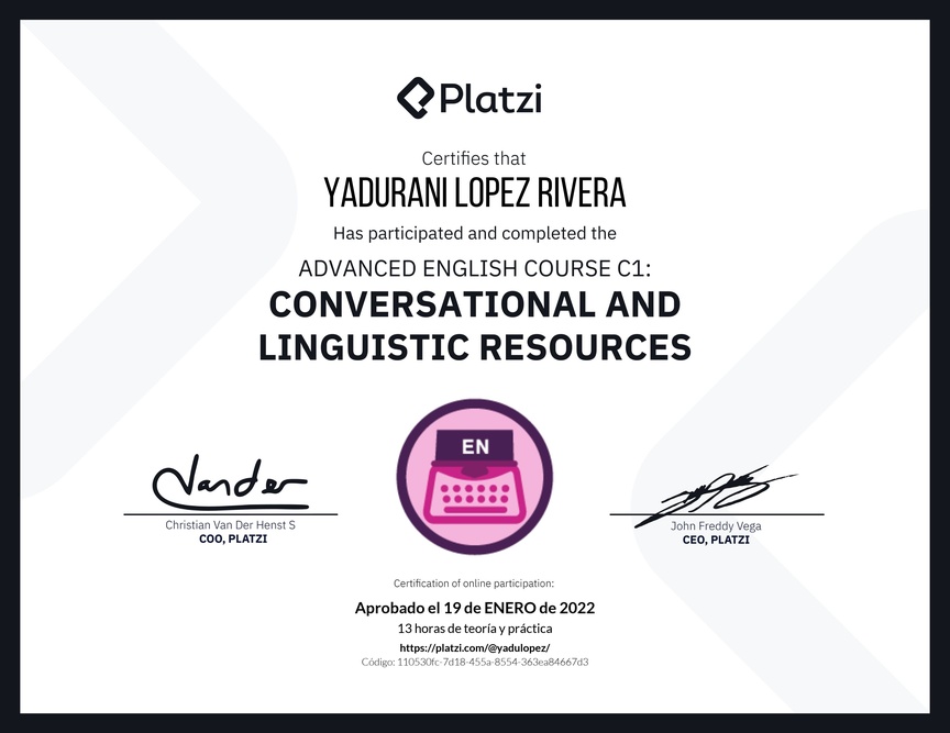 Diploma del Curso de Inglés Avanzado C1: Recursos Conversacionales y Lingüísticos