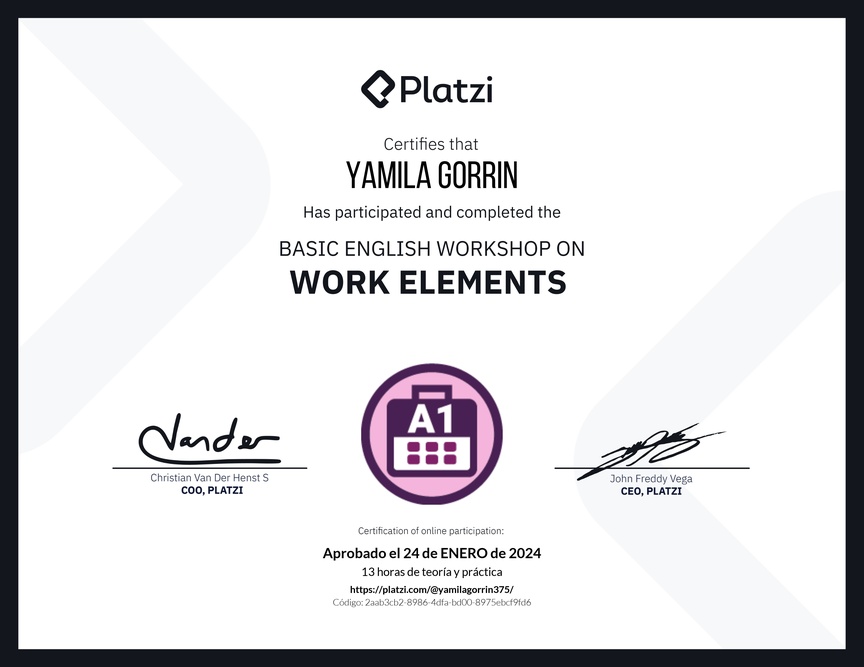 Diploma del Curso de Inglés Práctico sobre Elementos de Trabajo