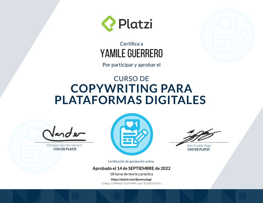 Diploma del Curso de Copywriting para Plataformas Digitales