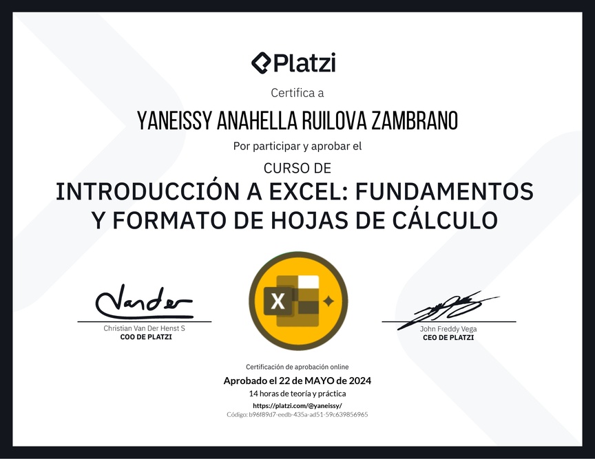Diploma del Curso de Introducción a Excel para Principiantes: Fundamentos y Formato de Hojas de Cálculo