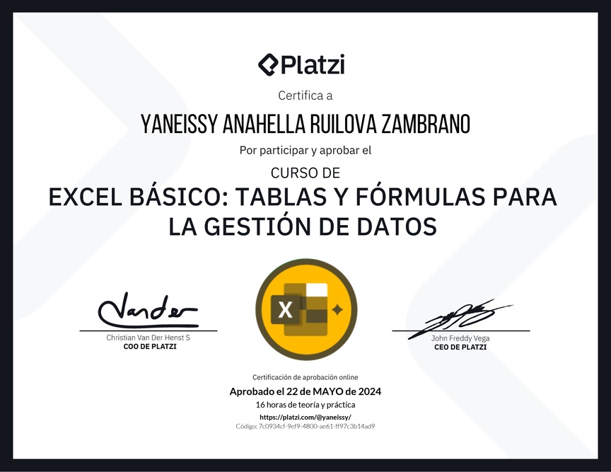 Diploma del Curso de Excel Básico: Tablas y Fórmulas para la Gestión de Datos