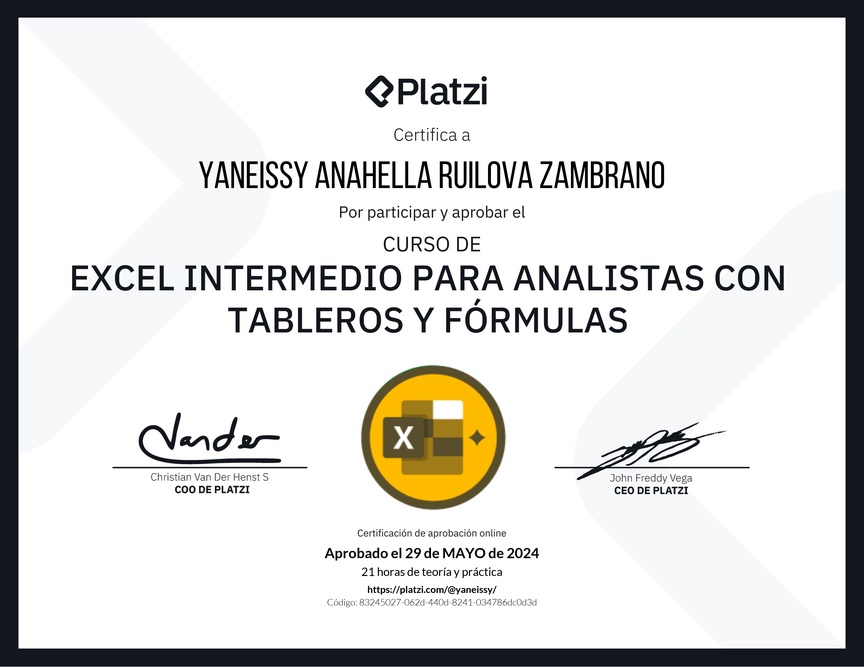 Diploma del Curso de Excel Intermedio para Analistas con Tableros y Fórmulas