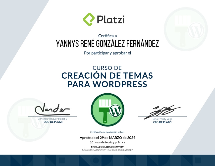 Diploma del Curso de Creación de Temas para WordPress