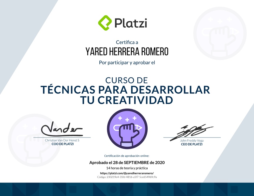 Diploma del Curso para Desarrollar tu Creatividad: Técnicas y Hábitos