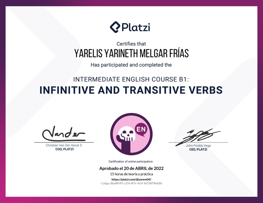 Diploma del Curso de Inglés Intermedio B1: Verbos Infinitivos y Transitivos (2021)