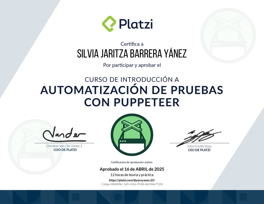 Diploma del Curso de Automatización de Pruebas con Puppeteer