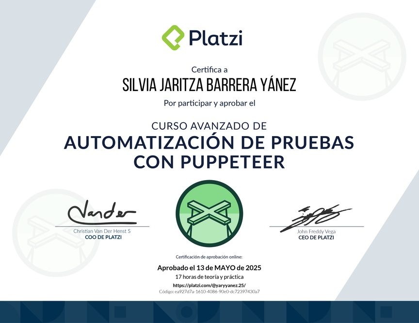 Diploma del Curso Avanzado de Automatización de Pruebas con Puppeteer