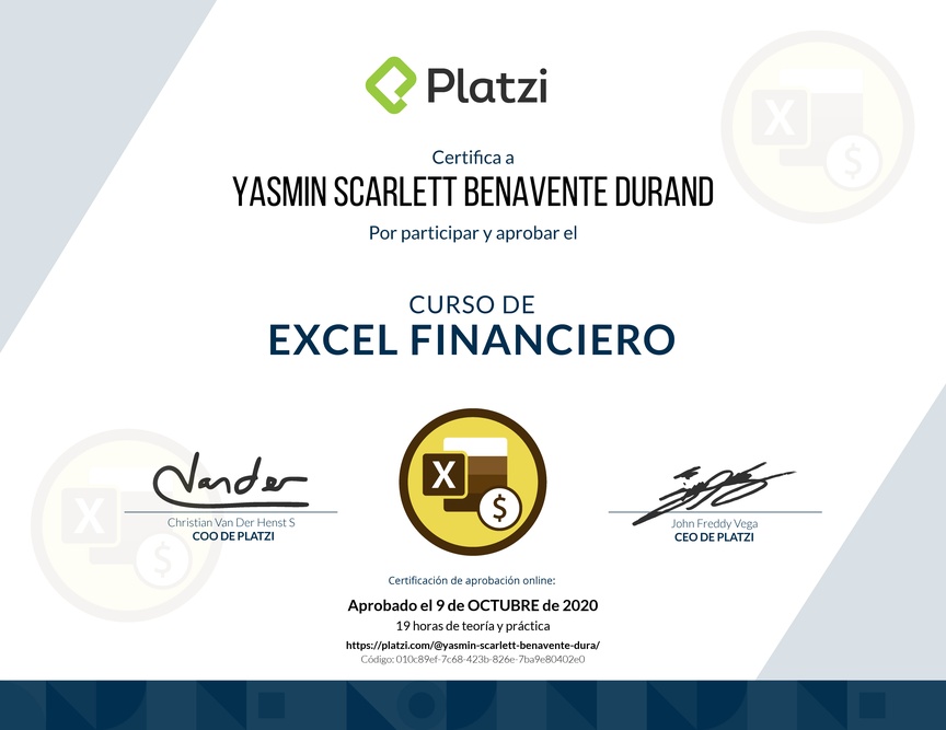 Diploma del Curso de Análisis Financiero en Excel