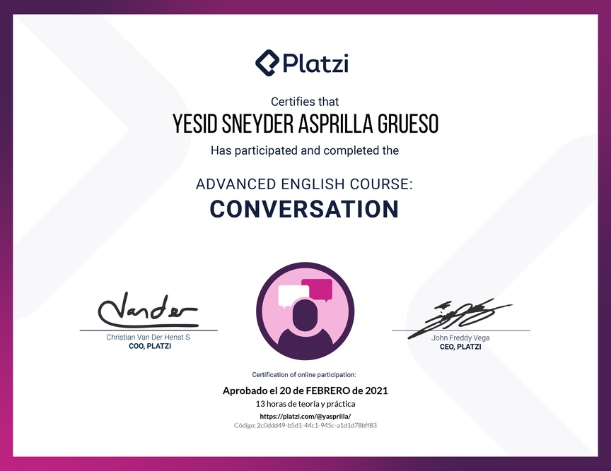 Diploma del Curso de Inglés Avanzado: Conversación 2020