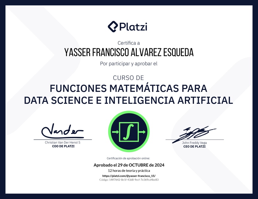 Diploma del Curso de Funciones Matemáticas para Data Science e Inteligencia Artificial