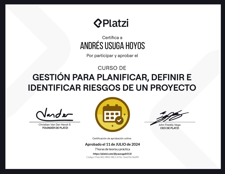 Diploma del Curso de Gestión para Planificar, Definir e Identificar Riesgos de un Proyecto