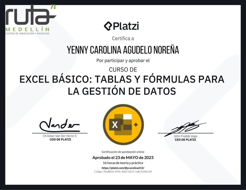 Diploma del Curso de Excel Básico: Tablas y Fórmulas para la Gestión de Datos