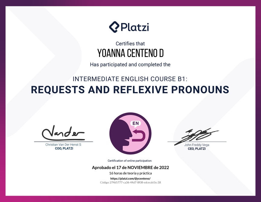 Diploma del Curso de Inglés Intermedio B1: Solicitudes y Pronombres Reflexivos
