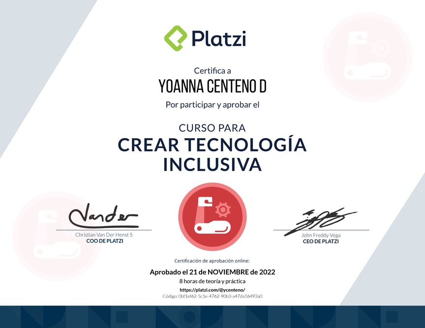 Diploma del Curso de Diseño de Tecnología Inclusiva para Personas en Condición de Discapacidad