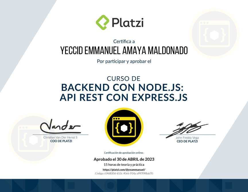 Diploma del Curso de Backend con Node.js: API REST con Express.js
