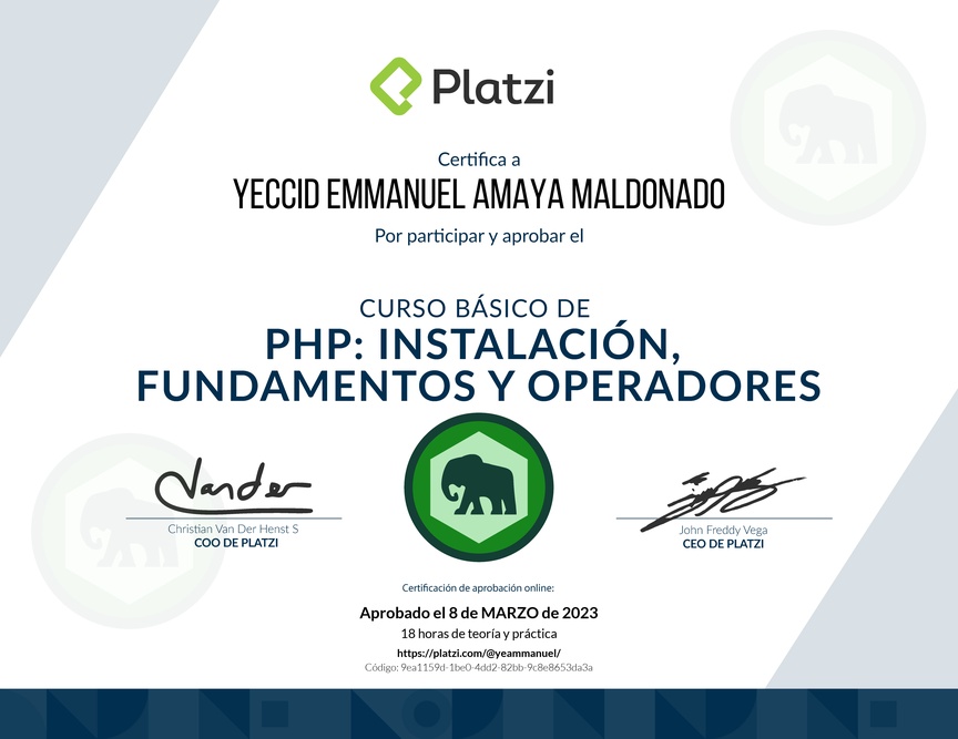Diploma del Curso Básico de PHP: Instalación, Fundamentos y Operadores