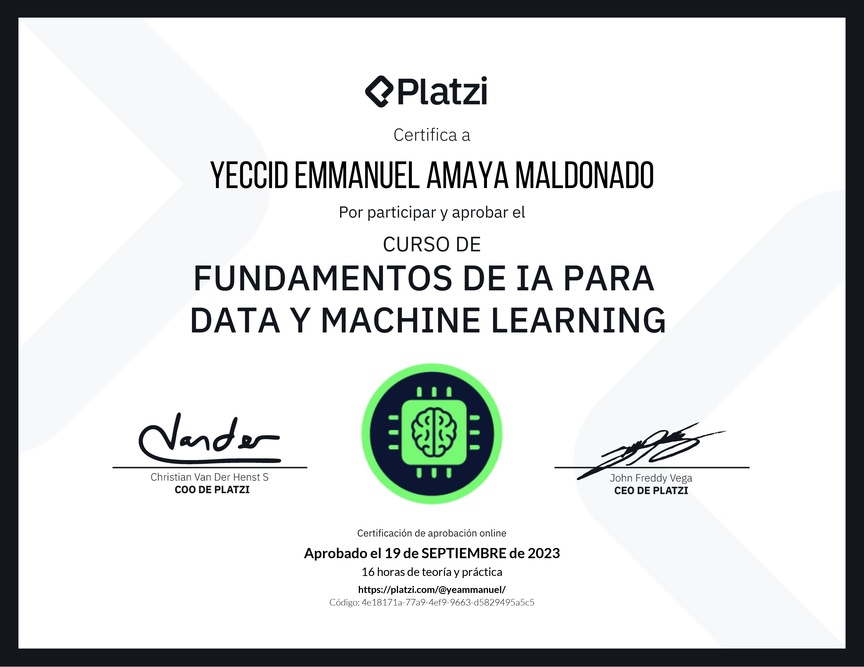 Diploma del Curso de Fundamentos de AI para Data y Machine Learning
