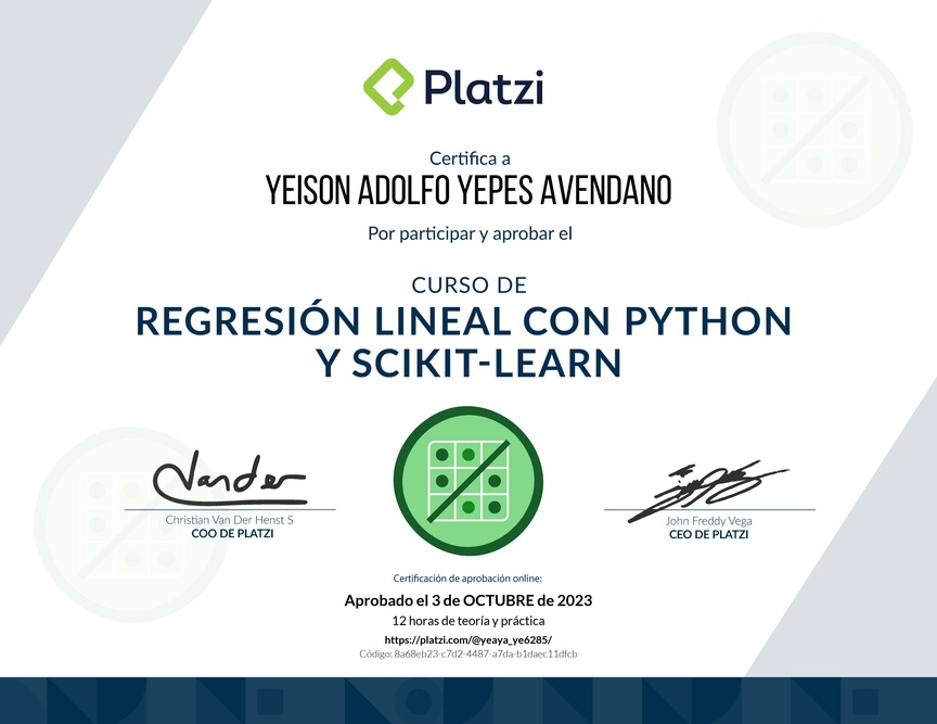 Diploma del Curso de Regresión Lineal con Python y scikit-learn