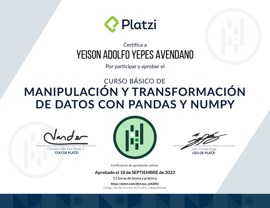 Diploma del Curso de Manipulación y Transformación de Datos con Pandas y NumPy