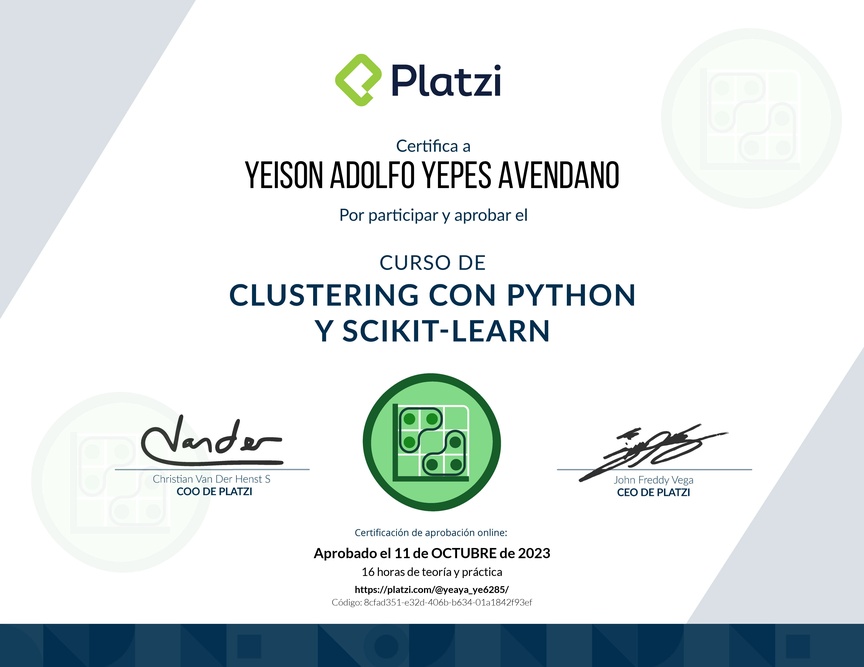 Diploma del Curso de Clustering con Python y scikit-learn