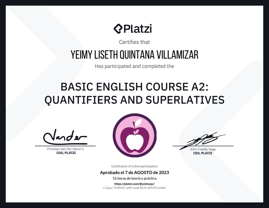 Diploma del Curso de Inglés Básico A2: Cuantificadores y Superlativos