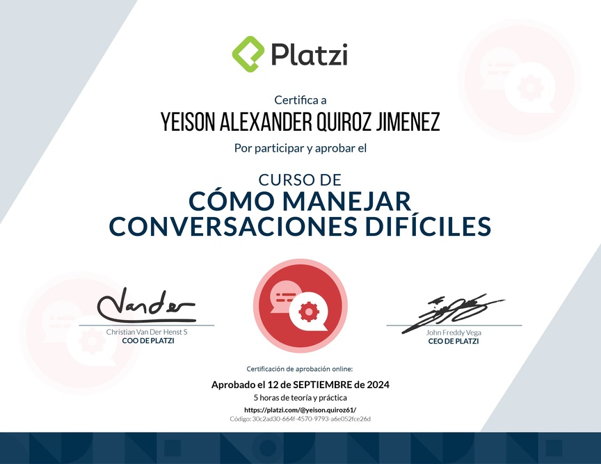Diploma del Curso de Cómo Manejar Conversaciones Difíciles con Clientes