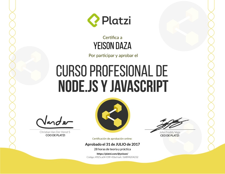 Diploma del Curso Profesional de Node.js y JavaScript 2016