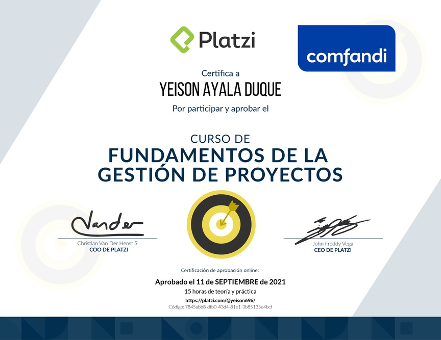 Diploma del Curso de Fundamentos de Gestión de Proyectos 2019